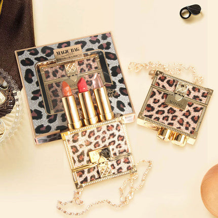 Fashion Small Sachet Mousse Lipstick Leopard Print Chain With Small Round Mirror Set
