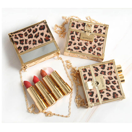 Fashion Small Sachet Mousse Lipstick Leopard Print Chain With Small Round Mirror Set